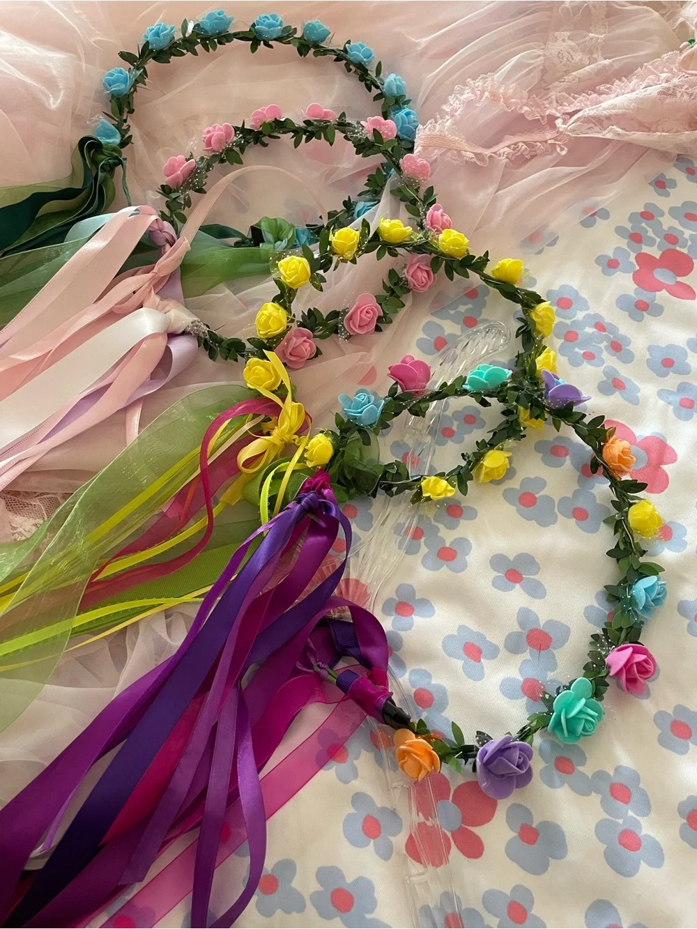 4 ETSY Handmade Floral Ribbon Halo Crowns - Assorted Colors girls bundle of 4